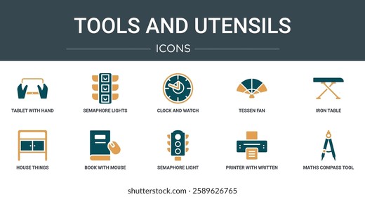 set of 10 outline web tools and utensils icons such as tablet with hand, semaphore lights, clock and watch, tessen fan, iron table, house things, book with mouse vector icons for report,