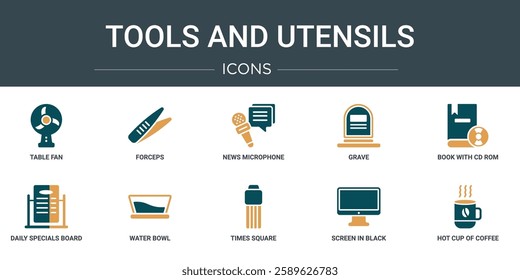 set of 10 outline web tools and utensils icons such as table fan, forceps, news microphone and speech bubbles, grave, book with cd rom, daily specials board, water bowl vector icons for report,