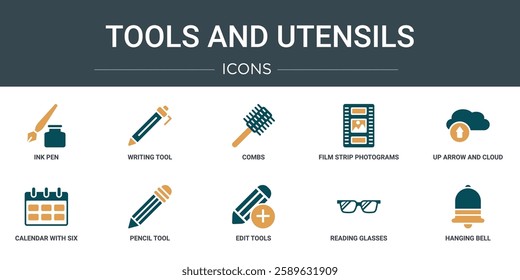 set of 10 outline web tools and utensils icons such as ink pen, writing tool, combs, film strip photograms, up arrow and cloud, calendar with six days, pencil tool vector icons for report,