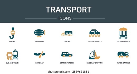 set of 10 outline web transport icons such as hooks, zeppelins, trucks, terrain vehicle, zoo on wheels, bus and train, rowboat vector icons for report, presentation, diagram, web design, mobile app