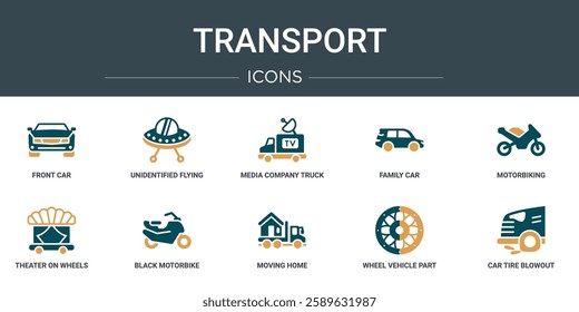 set of 10 outline web transport icons such as front car, unidentified flying, media company truck with satellite, family car, motorbiking, theater on wheels, black motorbike vector icons for report,