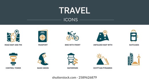 set of 10 outline web travel icons such as road map and pin, passport, bike with front basket, unfolded map with location mark, suitcases, control tower, basic moon vector icons for report,