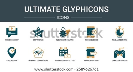 set of 10 outline web ultimate glyphicons icons such as video comment, empty star, flower with leaves, phone blocked, time almost full, checked pin, internet connections off vector icons for report,