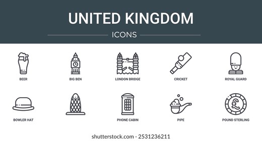 Conjunto de 10 iconos de Web de contorno del Reino Unido como cerveza, Big Ben, London Bridge, cricket, guardia real, bombín,   Iconos vectoriales para el informe, presentación, diagrama, Diseño web, App móvil