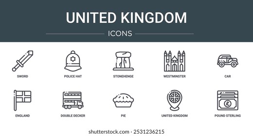 conjunto de 10 ícones do reino unido esboço como espada, chapéu de polícia, stonehenge, westminster, carro, inglaterra, ícones vetoriais de dois andares para relatório, apresentação, diagrama, web design, aplicativo móvel