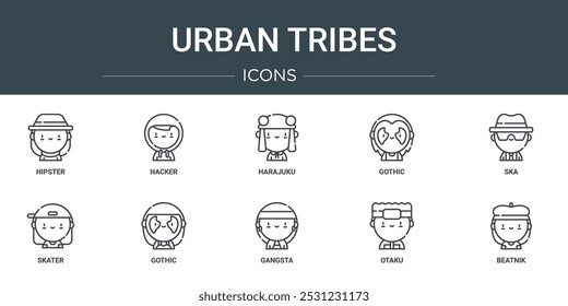 Conjunto de 10 iconos de tribus urbanas de Web de contorno como hipster, hacker, harajuku, gótico, ska, patinador, iconos vectoriales góticos para informe, presentación, diagrama, Diseño web, App móvil