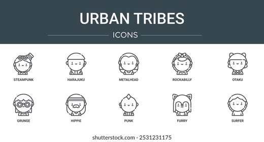 set of 10 outline web urban tribes icons such as steampunk, harajuku, metalhead, rockabilly, otaku, grunge, hippie vector icons for report, presentation, diagram, web design, mobile app