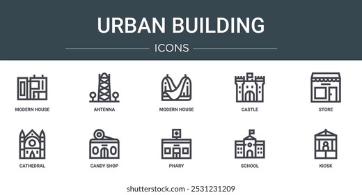 conjunto de 10 ícones de construção urbana da web de contorno como casa moderna, antena, casa moderna, castelo, loja, catedral, loja de doces ícones vetoriais para relatório, apresentação, diagrama, web design, aplicativo móvel