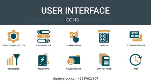set of 10 outline web user interface icons such as tings cogwheel button, slide to unlock, alarm button, offices, folded newspaper, connection, power bank vector icons for report, presentation,