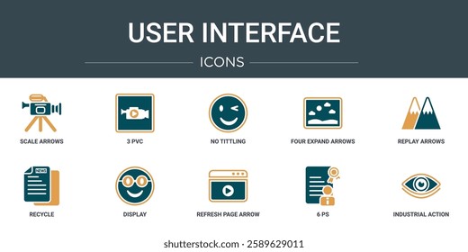 set of 10 outline web user interface icons such as scale arrows, 3 pvc, no tittling, four expand arrows, replay arrows, recycle, display vector icons for report, presentation, diagram, web design,