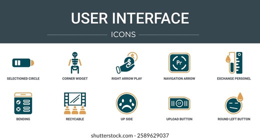 set of 10 outline web user interface icons such as selectioned circle, corner widget, right arrow play button, navigation arrow, exchange personel, bending, recycable vector icons for report,