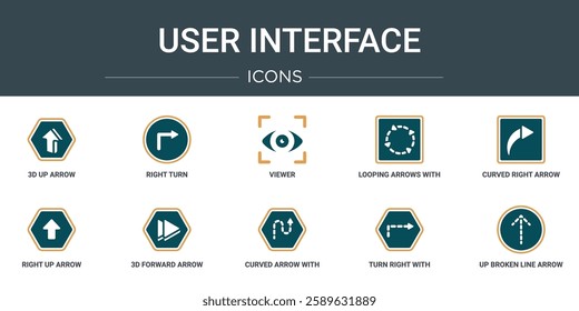 set of 10 outline web user interface icons such as 3d up arrow, right turn, viewer, looping arrows with broken line, curved right arrow, right up arrow, 3d forward vector icons for report, - Powered by Shutterstock - Get 15% off with code: PIKWIZARD15
