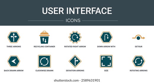 set of 10 outline web user interface icons such as three arrows, recycling container, rotated right arrow with broken line, down arrow with broken lines, detour, back drawn arrow, clockwise drawn