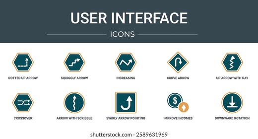 set of 10 outline web user interface icons such as dotted up arrow, squiggly arrow, increasing, curve arrow, up with ray tracing, crossover, with scribble vector icons for report, presentation,