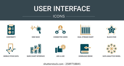 set of 10 outline web user interface icons such as confirmity, sine wave, connected users in flow chart, dual stream chart, black star, mobile stock data analysis, bars chart interface ascending