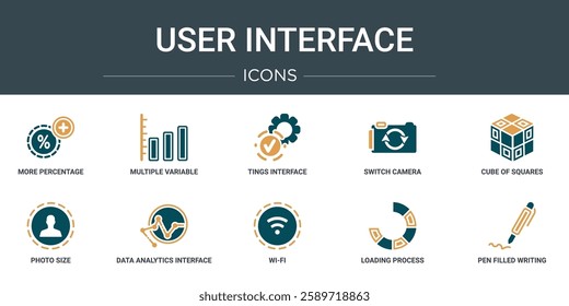 set of 10 outline web user interface icons such as more percentage plus button, multiple variable lines, tings interface, switch camera, cube of squares, photo size, data analytics interface of