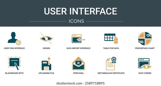 set of 10 outline web user interface icons such as user ting interface, hidden, data import interface, table for data, percentage chart, blackboard with, uploading file vector icons for report,