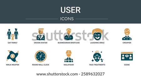set of 10 outline web user icons such as gay family, groom avatar, businessman briefcase, laughing smile, croupier, ninja weapon, round wall clock vector icons for report, presentation, diagram, web