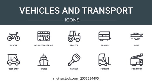 Conjunto de 10 vehículos de Web de contorno e íconos de transporte como bicicleta, autobús de dos pisos, tractor, remolque, bote, Carrito de golf, iconos de vectores de crucero para informe, presentación, diagrama, Diseño web, móvil