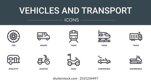 set of 10 outline web vehicles and transport icons such as tire, wagon, train, train, truck, roulotte, scooter vector icons for report, presentation, diagram, web design, mobile app