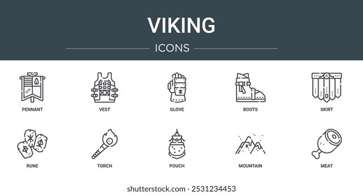 conjunto de 10 tópicos web viking ícones, como flâmula, colete, luva, botas, saia, runa, tocha vetorial ícones para relatório, apresentação, diagrama, web design, aplicativo móvel