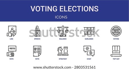 Set of 10 outline web Voting Elections icons such as top hat, chat, strategy, vote, vote, voting, garlands vector icons for report, presentation, diagram, web design, mobile app