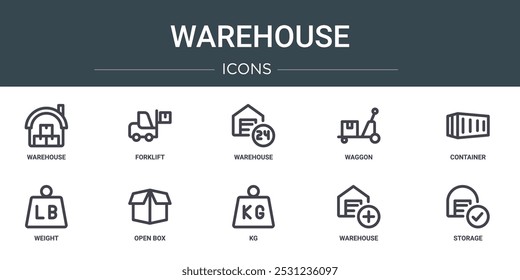 conjunto de 10 ícones de web warehouse de estrutura de tópicos, como armazém, empilhadeira, armazém, vagão, contêiner, peso, ícones de vetor de caixa aberta para relatório, apresentação, diagrama, design da web, aplicativo móvel