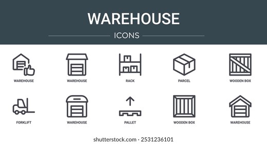set of 10 outline web warehouse icons such as warehouse, warehouse, rack, parcel, wooden box, forklift, vector icons for report, presentation, diagram, web design, mobile app