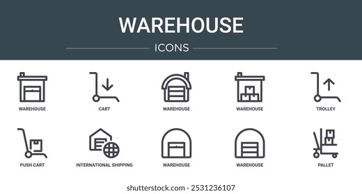 Satz von 10 Umriss Web-Warehouse-Symbole wie Lager, Warenkorb, Lager, Trolley, Push-Warenkorb, internationale Versand Vektor-Symbole für Bericht, Präsentation, Diagramm, Web-Design, mobile App