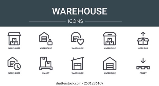 conjunto de 10 ícones de web warehouse de estrutura de tópicos, como warehouse, warehouse, open box, ícones de vetor de paletes para relatório, apresentação, diagrama, web design, aplicativo móvel