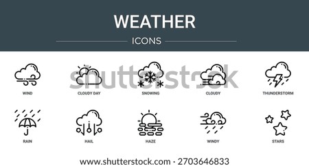 set of 10 outline web weather icons such as wind, cloudy day, snowing, cloudy, thunderstorm, rain, hail vector icons, sign and symbols