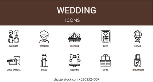 Set of 10 outline web Wedding icons such as Honeymoon, gifts, wedding, dress, video camera, hot air balloon, love vector icons for report, presentation, diagram, web design, mobile app