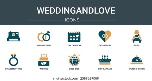 set of 10 outline web weddingandlove icons such as  , wedding rings, love calendar, engagement, bride, engagement ring, wedding vector icons for report, presentation, diagram, web design, mobile app