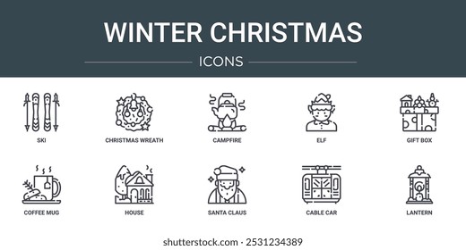 Conjunto de 10 iconos de la Navidad del invierno del Web del esquema tales como esquí, corona de Navidad, fogata, elfo, caja de regalo, taza de café, iconos del vector de la casa para el informe, presentación, diagrama, Diseño web, App móvil