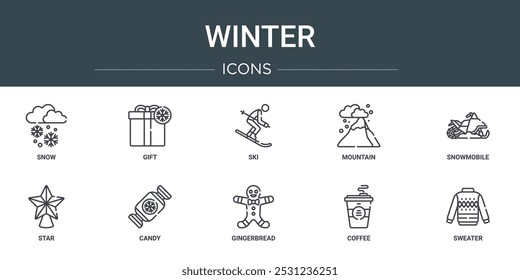 conjunto de 10 ícones contorno web inverno como neve, presente, esqui, montanha, snowmobile, estrela, doces ícones vetoriais para relatório, apresentação, diagrama, web design, aplicativo móvel