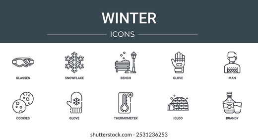 Conjunto de 10 iconos de invierno de Web de contorno tales como gafas, copo de nieve, banco, guante, hombre, galletas, guantes iconos vectoriales para informe, presentación, diagrama, Diseño web, App móvil