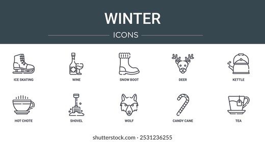 Satz von 10 Umriss Web-Winter-Symbole wie Eislaufen, Wein, Schneeschuh, Reh, Wasserkocher, hot chote, Schaufel, Vektorsymbole für Bericht, Präsentation, Diagramm, Web-Design, mobile App