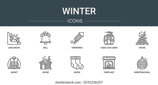 set of 10 outline web winter icons such as avalanche, bell, fireworks, cable car cabin, house, jacket, house vector icons for report, presentation, diagram, web design, mobile app