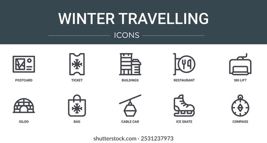 conjunto de 10 ícones de viagem de inverno web esboço como cartão postal, bilhete, edifícios, restaurante, elevador de esqui, iglu, saco ícones vetoriais para relatório, apresentação, diagrama, web design, aplicativo móvel