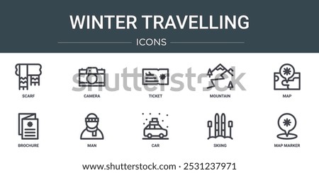 set of 10 outline web winter travelling icons such as scarf, camera, ticket, mountain, map, brochure, man vector icons for report, presentation, diagram, web design, mobile app