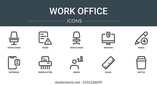 set of 10 outline web work office icons such as office chair, paper, office chair, monitor, pencil, notebook, paper cutter vector icons for report, presentation, diagram, web design, mobile app