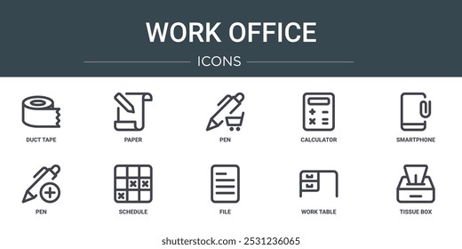 conjunto de 10 ícones do escritório do trabalho web da estrutura de tópicos como fita de duto, papel, caneta, calculadora, smartphone, caneta, ícones vetoriais de agenda para relatório, apresentação, diagrama, web design, aplicativo móvel