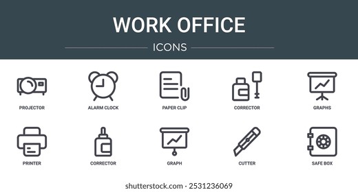 conjunto de 10 ícones do escritório de trabalho web da estrutura de tópicos como projetor, despertador, clipe de papel, corretor, gráficos, impressora, ícones de vetor corretor para relatório, apresentação, diagrama, web design, aplicativo móvel