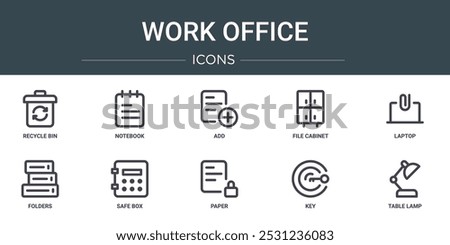 set of 10 outline web work office icons such as recycle bin, notebook, add, file cabinet, laptop, folders, safe box vector icons for report, presentation, diagram, web design, mobile app