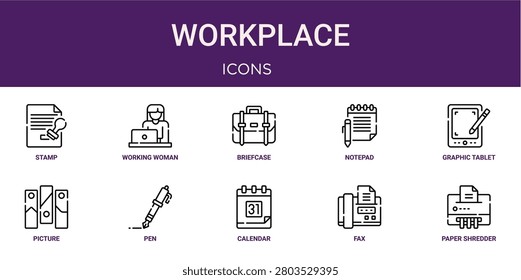 Set of 10 outline web Workplace icons such as paper shredder, fax, calendar, pen, picture, graphic tablet, notepad vector icons for report, presentation, diagram, web design, mobile app