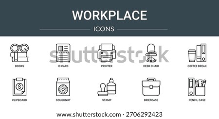 set of 10 outline web workplace icons such as books, id card, printer, desk chair, coffee break, clipboard, doughnut vector icons, sign and symbols