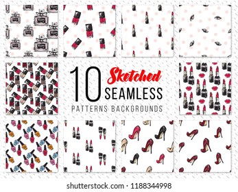 Set of 10 patterns for fashion life decoration. Digital fashion illustrations assembled into repeatable seamless backgrounds. Female life style objects, backdrops for fashion blog, promo banners.