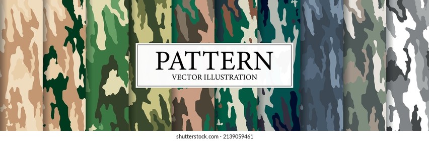 Set Of 10 Pcs Different Patterns With Military Camouflage Texture Background - Vector Illustration