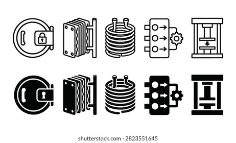Set of 10 pharmaceutical freeze drying icons showing vacuum doors, condenser coils, and stopper presses