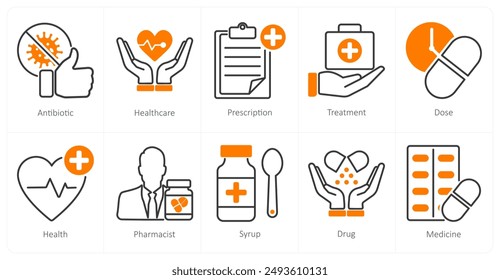 A set of 10 pharmacy icons as antibiotic, health care, prescription